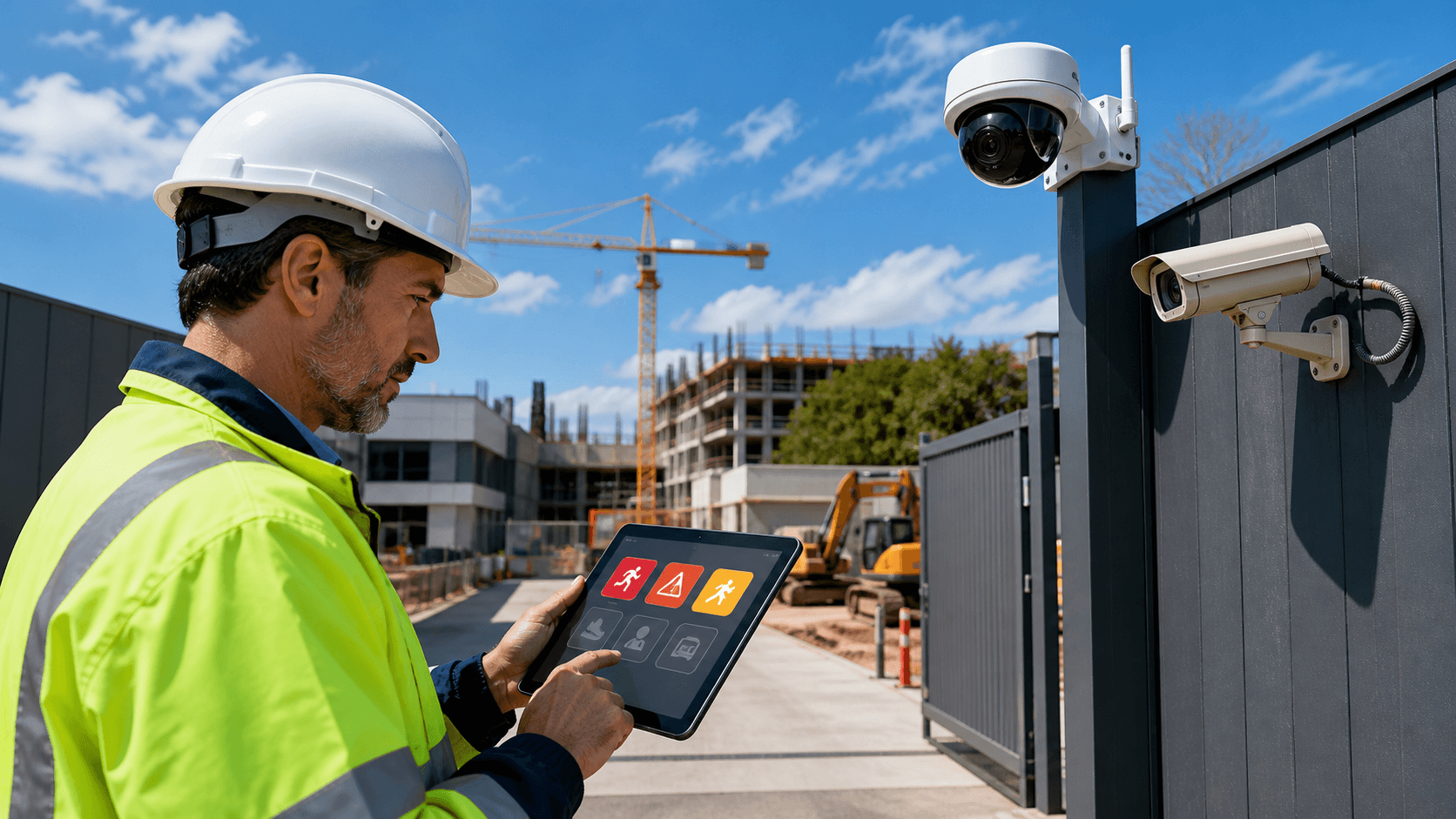 Split-screen security cameras: AI camera with blue data overlay beside a traditional camera on a commercial building.