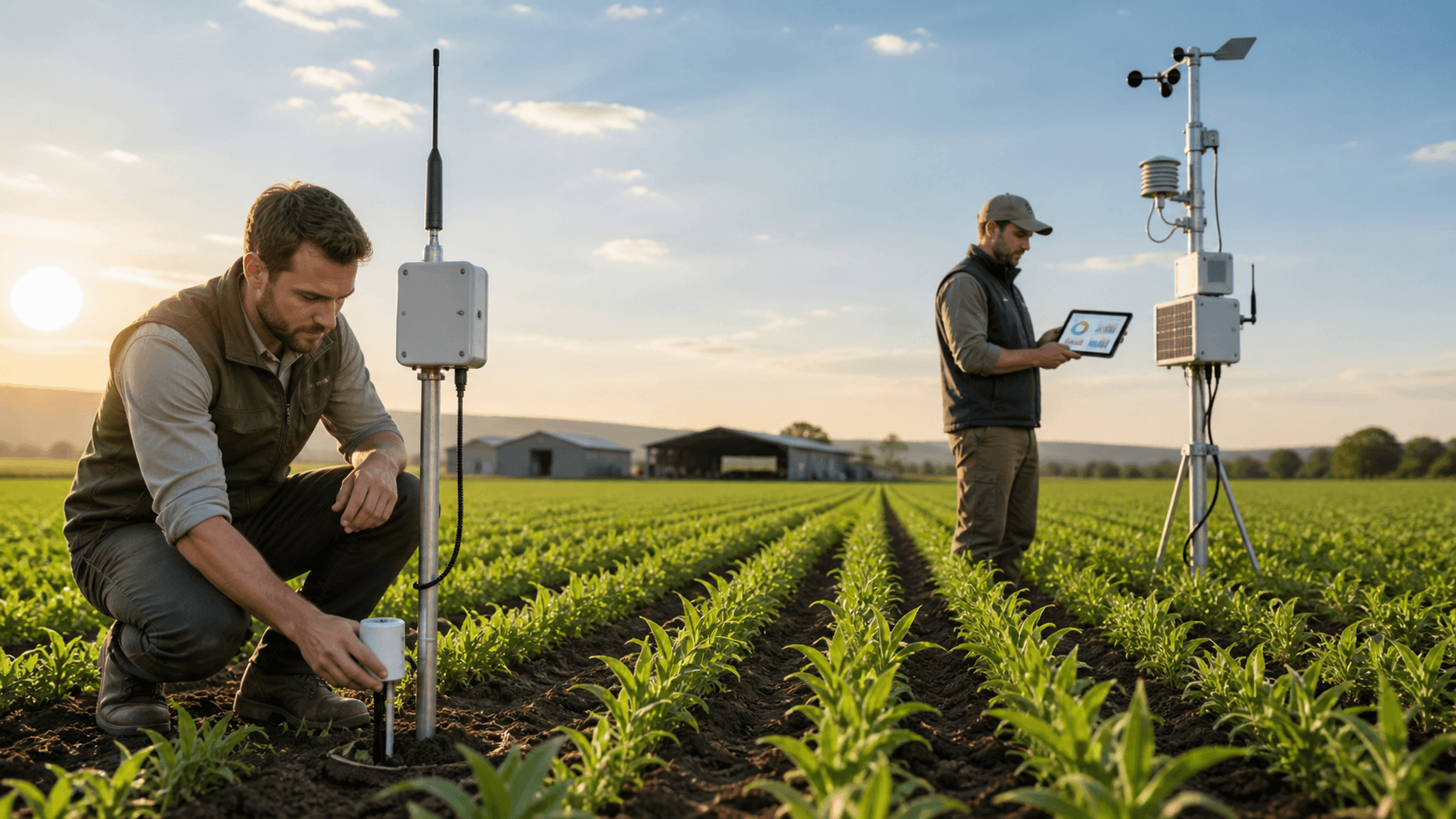 Split farmland with sensor icons, a LoRaWAN tower, and a cellular mast under a bright blue sky.