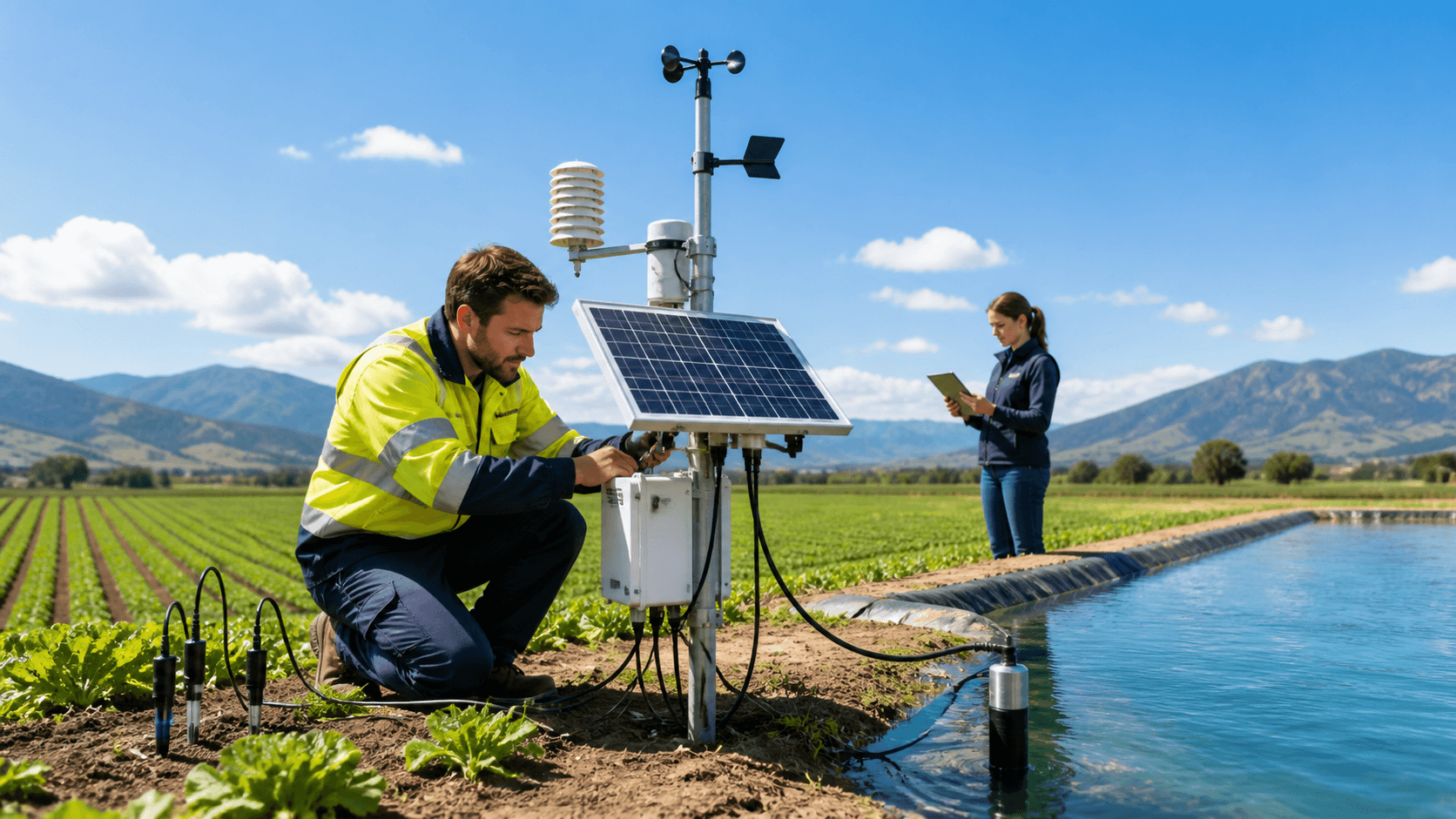 Solar-powered weather station and soil sensors beside a reflective water channel under a blue sky