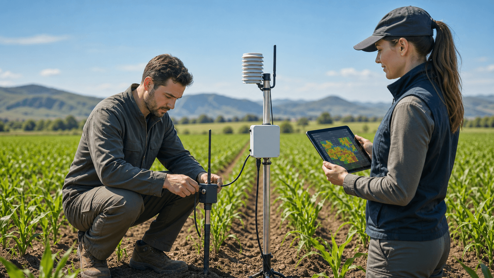 A soil sensor probe beside a green sprout, connected to a glowing blue digital monitoring interface.