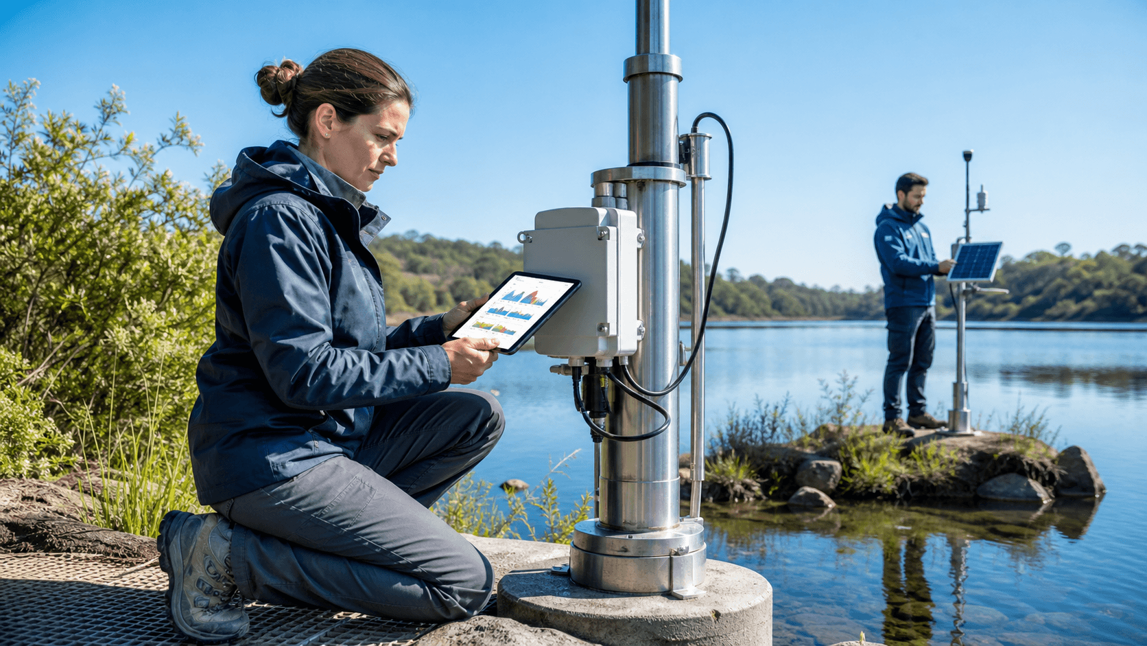 Solar-powered water sensor station beside a blue river, with digital data overlays and distant green hills.