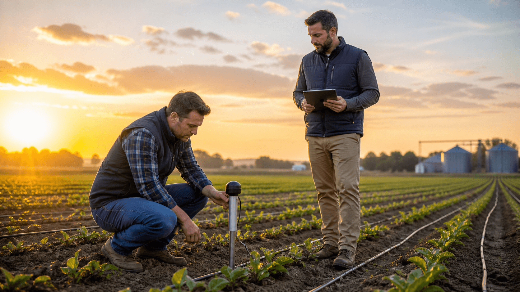 Farmer checks a handheld soil sensor in a sunlit field of green rows beneath a pale blue spring sky.