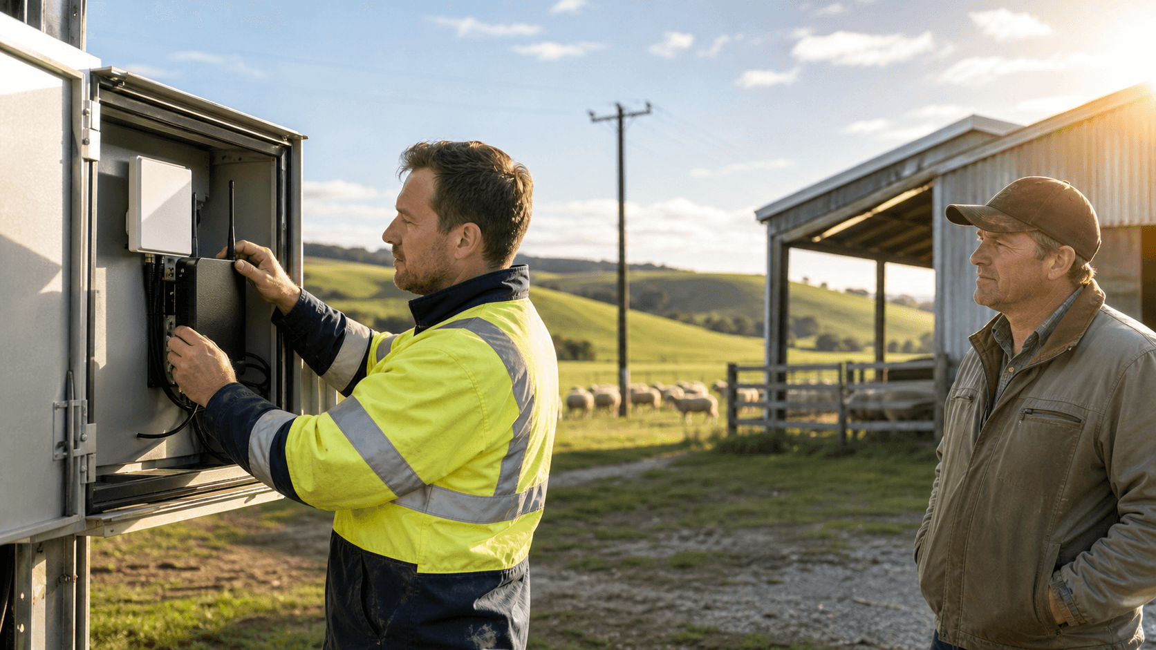 Solar-powered IoT gateway on a pole overlooking green farmland beneath a bright blue sky.