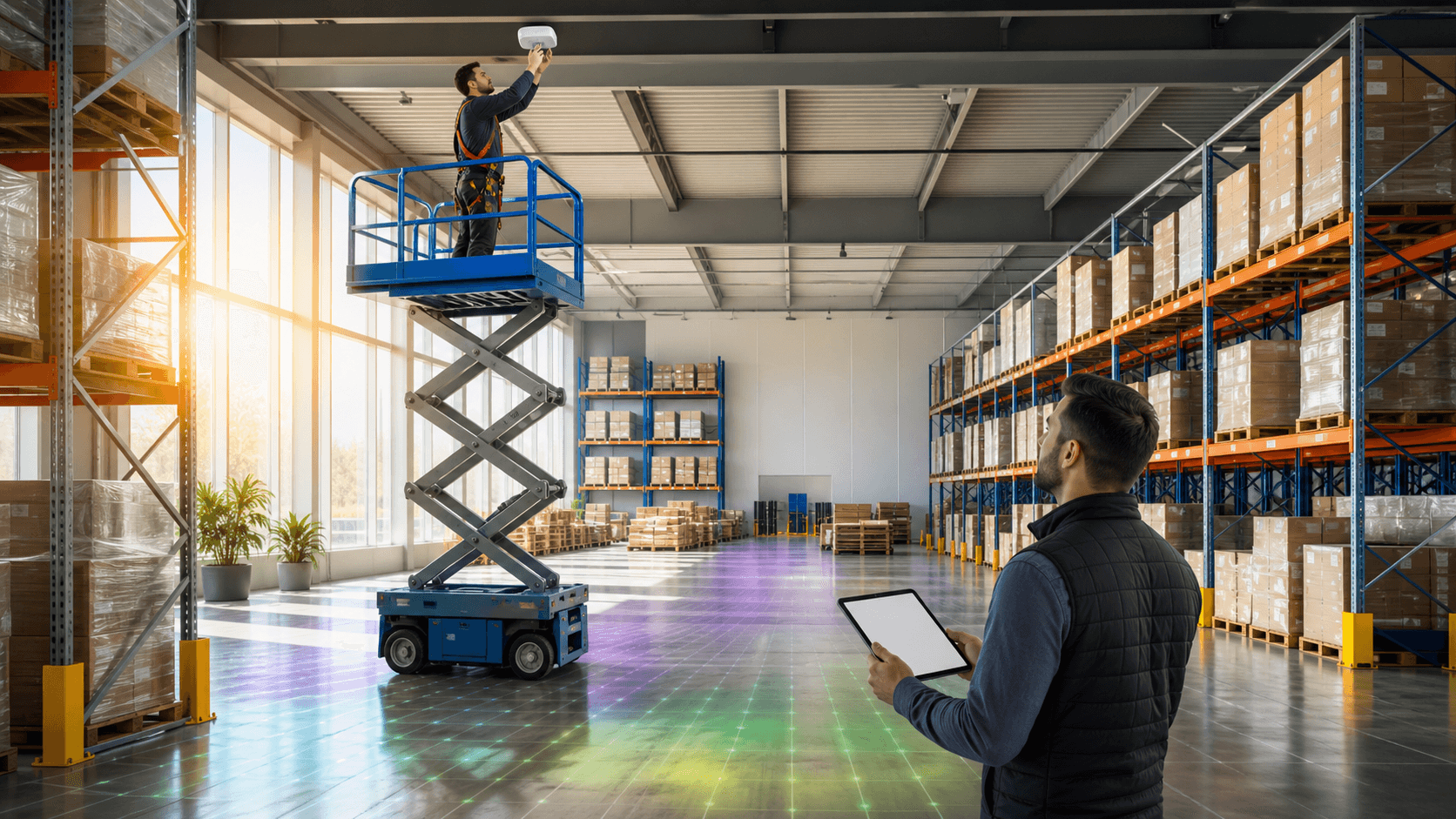 Warehouse aisles with tall shelves, ceiling WiFi access points, and blue signal waves across the floor.