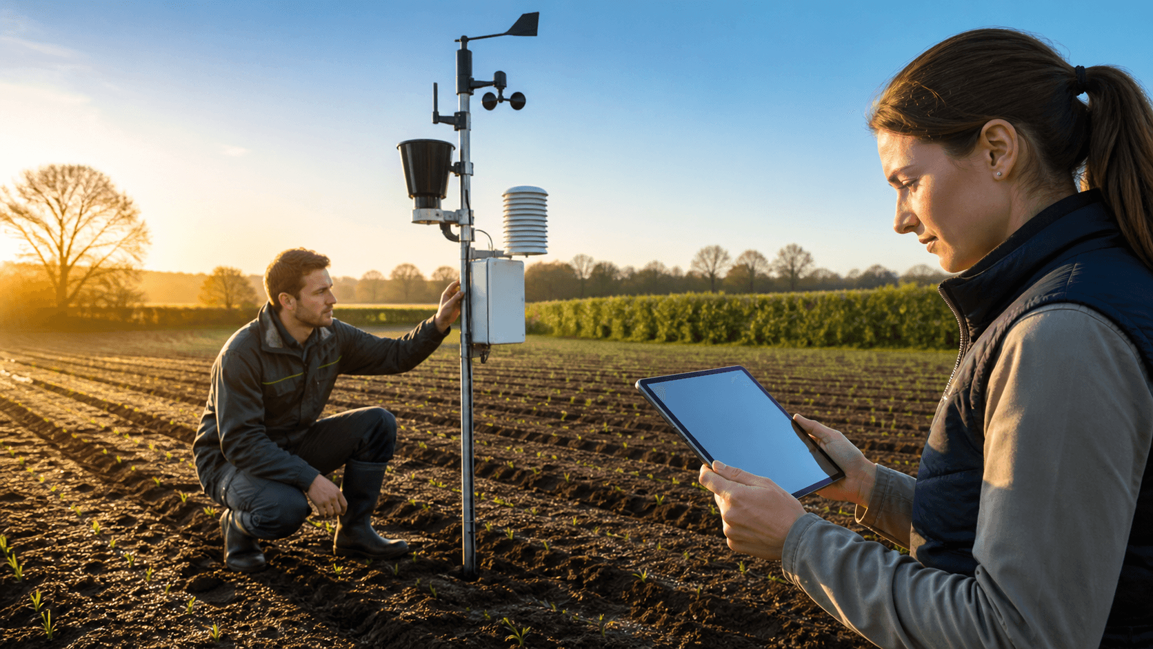 Weather station sensor stands beside freshly tilled fields under a bright, cloudy spring sky.
